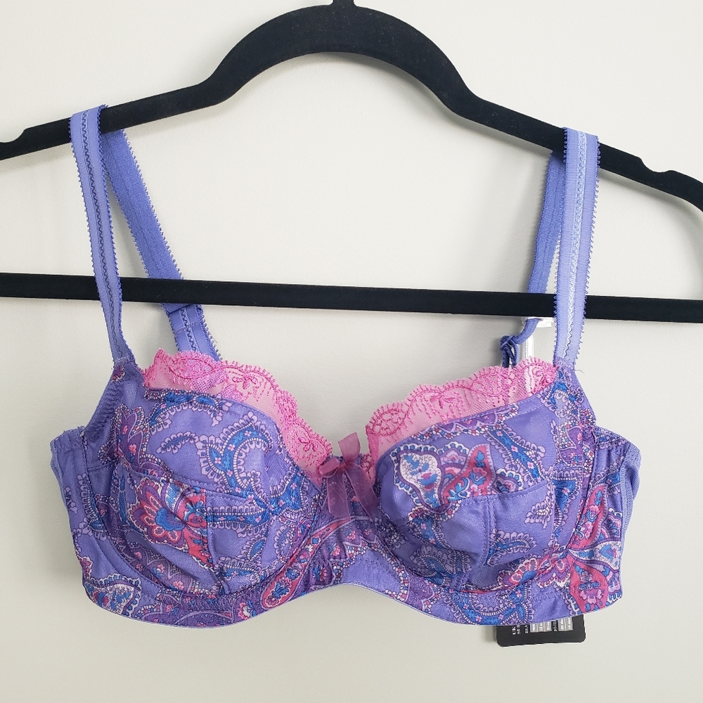 NWT 32D Panache Fern Balconnet Superbra Purple lace Shell Bra Lingerie Sheer